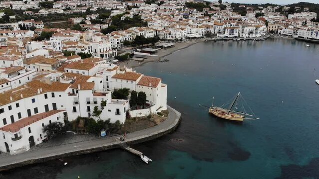 Cadaques fishing harbor drone view in Spain. White town in Alt Emporda county of Catalonia, Spain.