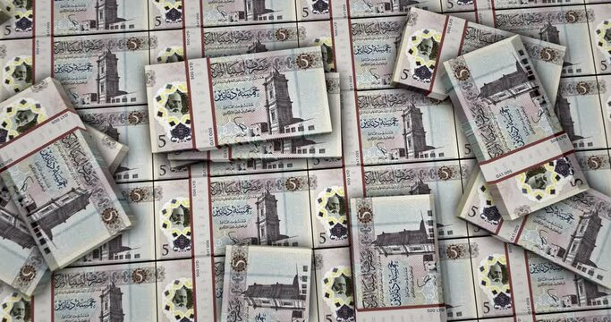 Libya money Libyan Dinar banknotes 3d animation. Camera view from close to long distance. LYD money packs. Concept of inflation, economy, crisis, business, banking, debt and finance.