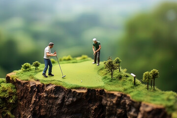 Generative AI illustration of tiny playing golf on green grass field