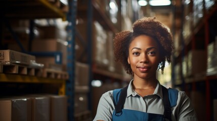 Fototapeta premium African american woman is in the warehouse. Beautiful illustration picture. Generative AI