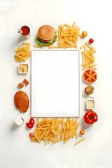 A white sheet, a blank sheet of paper, all around French fries and fast food.