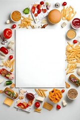 A white sheet, a blank sheet of paper, all around French fries and fast food.
