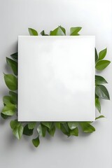 White card, blank sheet of paper, green leaves in the background.