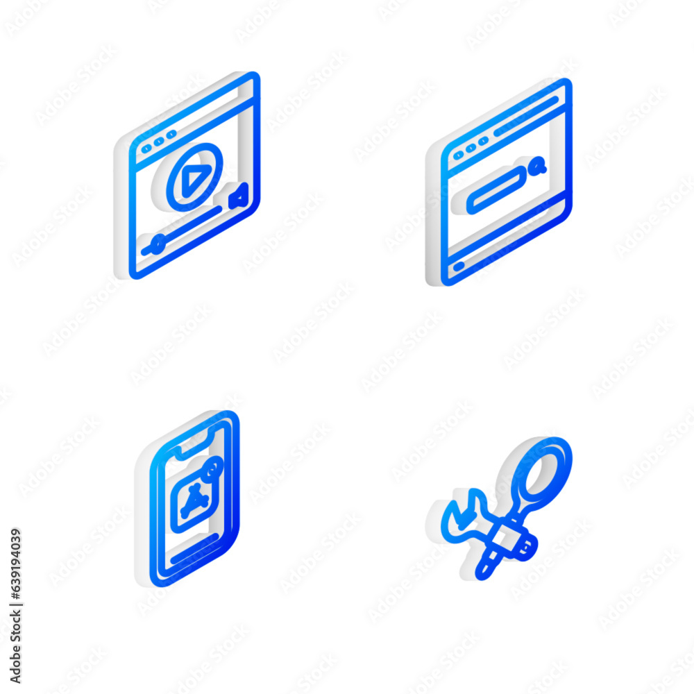 Poster set isometric line search engine, online play video, mobile apps and debugging icon. vector