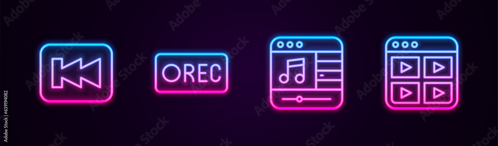 Sticker Set line Rewind button, Record, Music player and playlist. Glowing neon icon. Vector