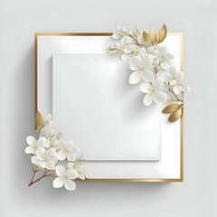 White empty card with golden borders and white flowers on sides.