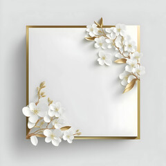 White empty card with golden borders and white flowers on sides.