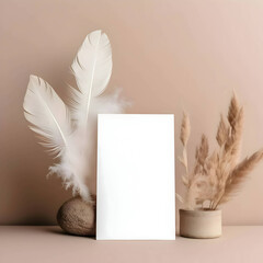 White empty card against a background of scattered bird feathers.