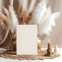 Elegantly arranged, white empty card, feathers, and a lit candle.