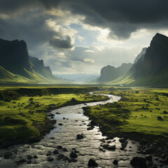 Landscape of an imaginary valley in Iceland in spring - obrazy, fototapety, plakaty