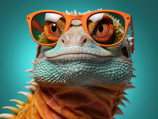 Stylish Bearded Dragon Lizard in Sunglasses and Jacket
