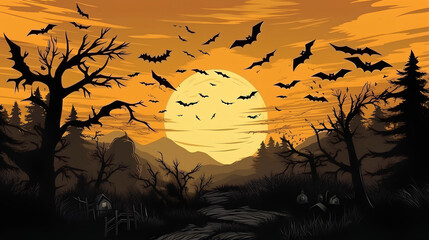 A Halloween background sets a spooky scene with shadows of bats and the glow of a full moon