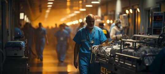 hurrying a patient on a stretcher along the hospital hallway,.