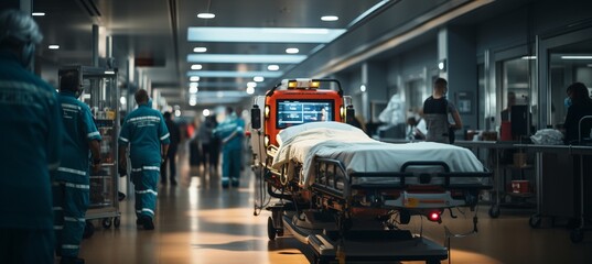 hurrying a patient on a stretcher along the hospital hallway,.