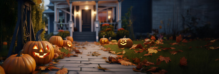 Halloween Pumpkins near house. Halloween Background banner. AI generated.