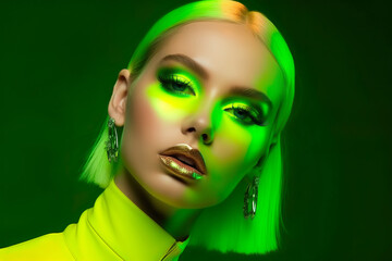 Fashionable young woman in fluorescent neon green studio light