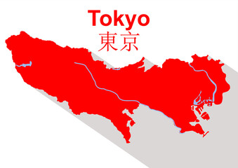Naklejka premium Bright red Tokyo prefecture map with gray shading, Japan