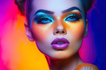 Funny young woman with amazing colorful make up in neon light