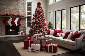 A modern living room adorned with Christmas decorations, harmoniously blending contemporary aesthetics with traditional holiday elements. Photorealistic illustration, Generative AI
