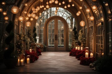 A glass-arched hallway adorned with Christmas decorations, including hanging light bulbs and candles placed on the floor. Photorealistic illustration, Generative AI