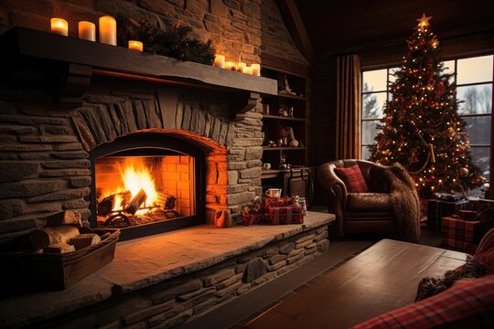 A cozy Christmas living room featuring a crackling fireplace with logs burning, while a Christmas tree stands by the window, radiating festive cheer. Photorealistic illustration, Generative AI