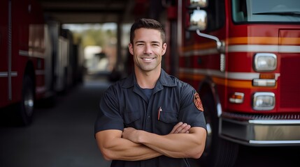 Obraz premium A smiling man in a firefighter's suit, with his arms crossed, stands against the background of a fire station.