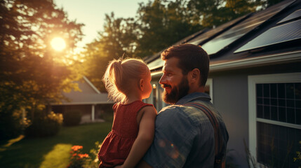 Fototapeta premium Rear view of dad holding her little girl in arms and showing at their house with installed solar panels. Alternative energy, s Generative AIaving resources and sustainable lifestyle concept