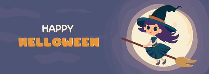 Witch flying on broom and night sky web banner, invitation card, wishes card, Happy Halloween banner