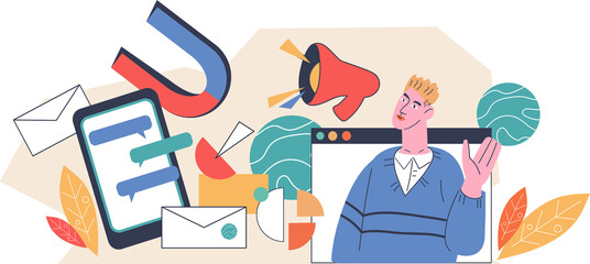 Inbound and outbound marketing management. Emailing, SMM and professional marketers service banner template.