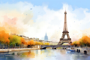 Fototapeta na wymiar Experience the timeless allure of Paris with a stunning watercolor depiction. Iconic Eiffel Tower, charming streets, and Seine's beauty come alive, inviting you to a French adventure.