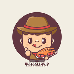 cute cartoon mascot with japanese food ikayaki squid
