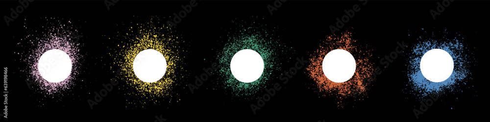 Poster frame in circle shape set. color ink splatter collection. spray border stencil. paint brush texture.