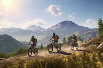 Mountain Bliss: Three Friends Embrace Scenic E-Bike Ride Amidst Breathtaking Landscapes.