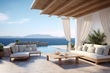 Fototapeta na wymiar A minimalist Greek seaside resort. Covered and open space with relaxation furniture, cushions, and blankets..