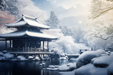 anime style setting, a snowy temple