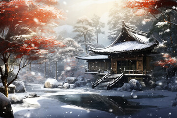 anime style setting, a snowy temple
