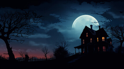 Eerie Haunted House Silhouette under the Moonlight