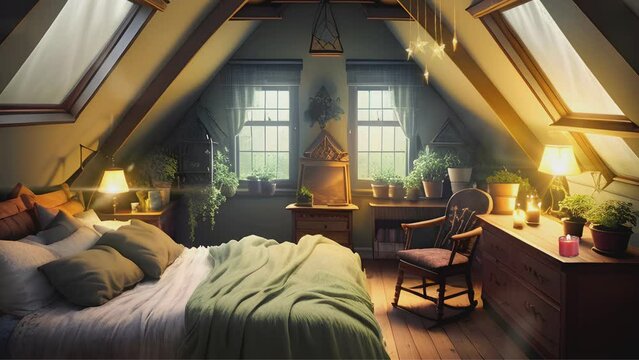 comfortable classic bedroom atmosphere in a minimalist wooden house with flower decoration. Cartoon or anime illustration style. seamless looping 4K time lapse virtual video animated background.