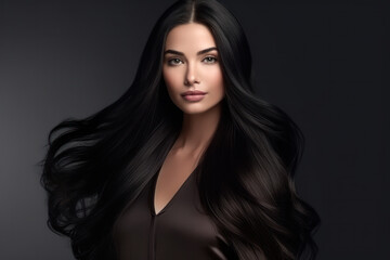 Young European woman with healthy long black hair. Shiny wavy beautiful hair.