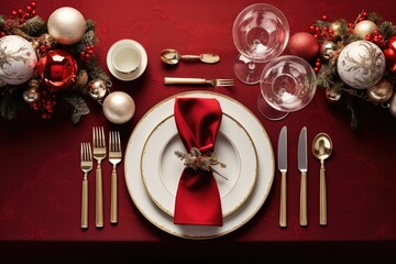 Christmas table setting with dishware, silverware and decorations on festive table.