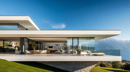Fototapeta premium Harmony of Design and Nature: Modern Luxury Glass Villa Nestled in the Mountains