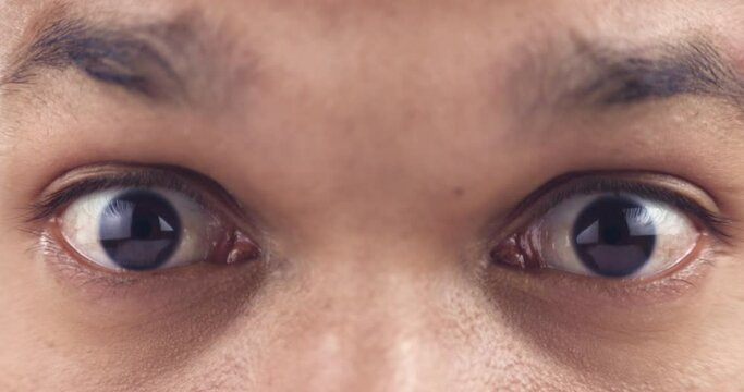 Anxiety, eyes and man with stress, wow or news, mistake or surprise drama closeup. Zoom, fear and guy shocked by gossip, conflict or fear crisis, worry or reaction to horror, trauma or mental health