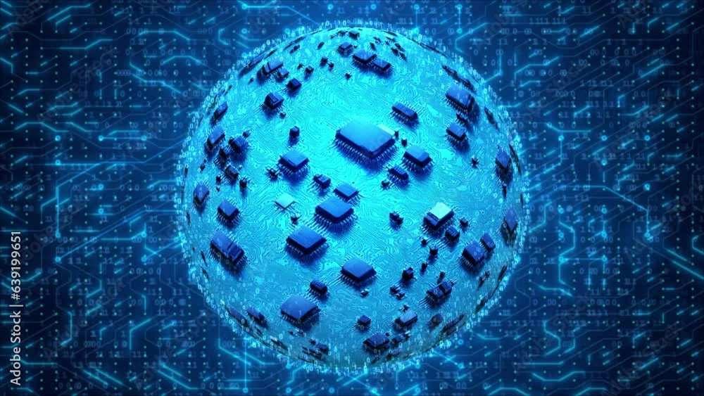 Aufkleber rotating motherboard sphere on moving circuitry lines - futuristic tech animation