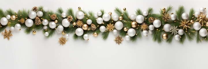 Fototapeta na wymiar Banner of decorative christmas tree branches with cones and balls