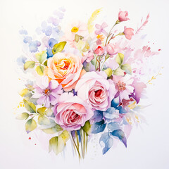 Watercolor bouquet of flowers in pastel colors on white background