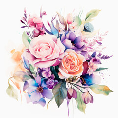 Watercolor bouquet of flowers in pastel colors on white background