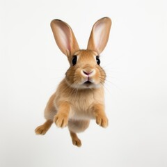 A brown rabbit mid-air jump