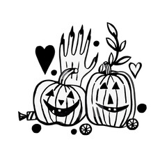 Cartoon clip art for Halloween. Composition, postcard, tattoo, for your design, black cat, pumpkin, skull, witchcraft, mushrooms. Watercolor illustration isolated on a white background.