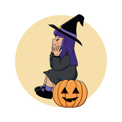 Witch sitting on pumpkin. Little Witch illustration. Halloween vector.