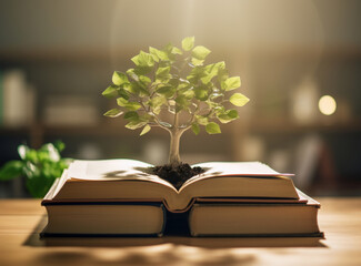 education concept with tree of knowledge planting on opening old big book in library with textbook, stack piles of text archive and aisle of bookshelves in school study class room. AI generated